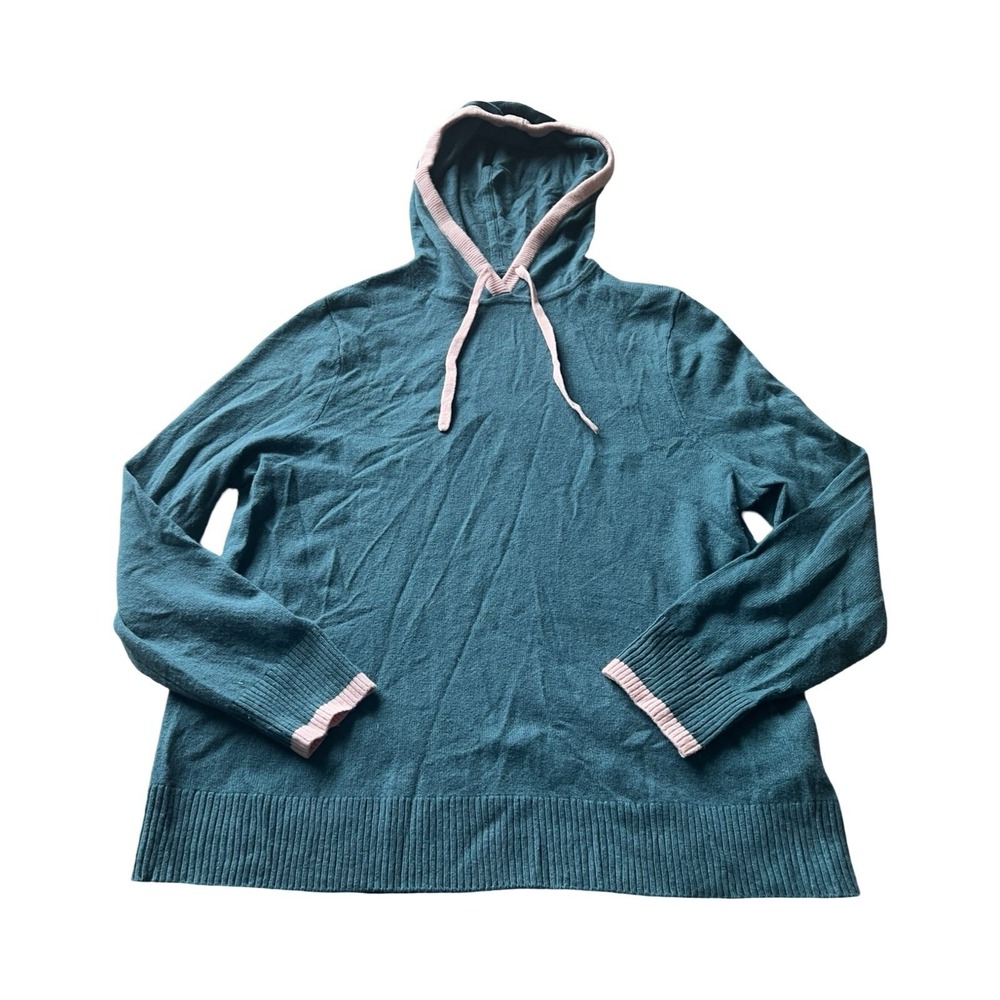 Summersalt Merino Wool Cashmere Blend Teal Pink Contrast Trim Pullover Hoodie - Picture 2 of 4
